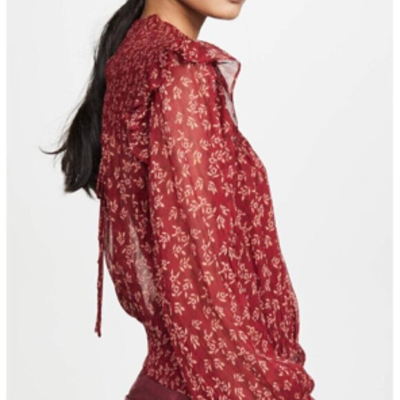 FREE PEOPLE Red Berry Roma Boho Floral Smocked Long Sleeve Blouse XS - Picture 4 of 16